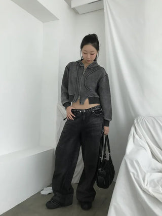 OOTJ/OOT Low-Rise Wide Black Crack Wash Denim Pants