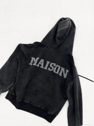 Semi-crop version. Maison Swallow Stone Cubic Lettering Two-Way Zipper Pigment Overfit Big Hooded Zip-Up