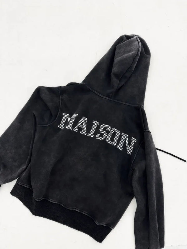 Semi-crop version. Maison Swallow Stone Cubic Lettering Two-Way Zipper Pigment Overfit Big Hooded Zip-Up