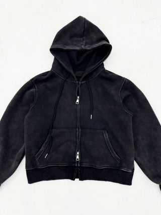 Semi-crop version. Maison Swallow Stone Cubic Lettering Two-Way Zipper Pigment Overfit Big Hooded Zip-Up