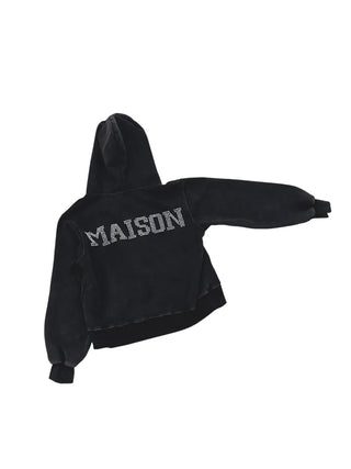 Semi-crop version. Maison Swallow Stone Cubic Lettering Two-Way Zipper Pigment Overfit Big Hooded Zip-Up