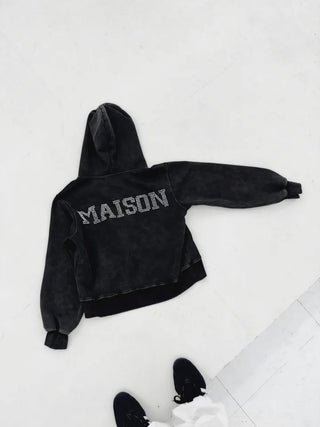Semi-crop version. Maison Swallow Stone Cubic Lettering Two-Way Zipper Pigment Overfit Big Hooded Zip-Up