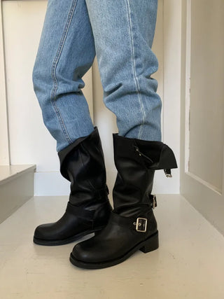 natural cowhide suede buckle fold mid-length boots