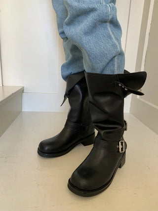 natural cowhide suede buckle fold mid-length boots