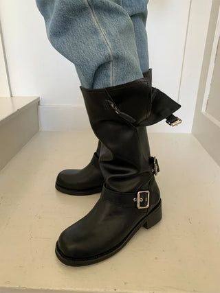 natural cowhide suede buckle fold mid-length boots