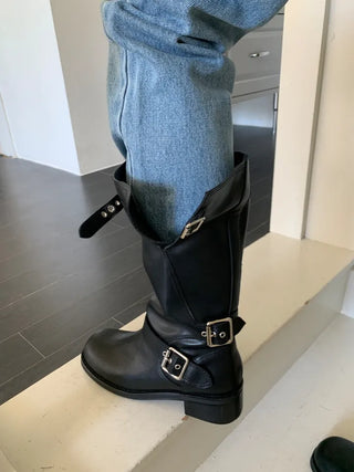 natural cowhide suede buckle fold mid-length boots