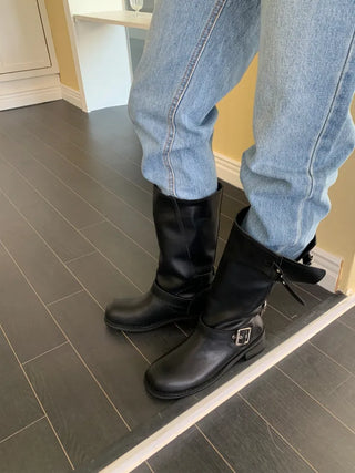 natural cowhide suede buckle fold mid-length boots