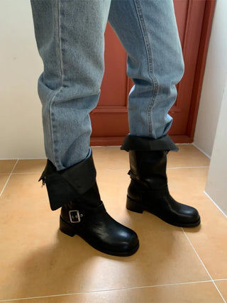 natural cowhide suede buckle fold mid-length boots