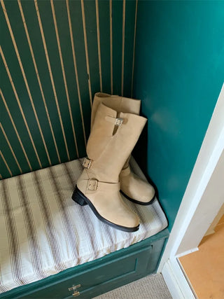 natural cowhide suede buckle fold mid-length boots