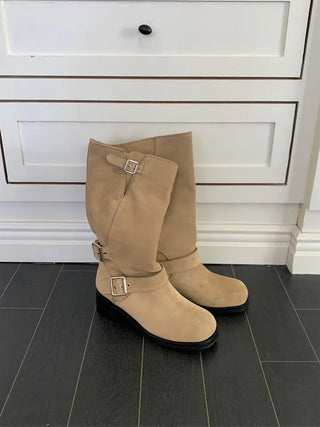 natural cowhide suede buckle fold mid-length boots