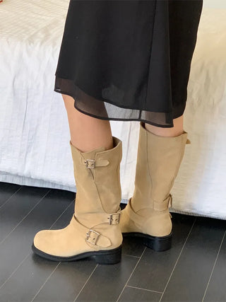 natural cowhide suede buckle fold mid-length boots