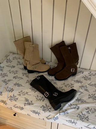 natural cowhide suede buckle fold mid-length boots