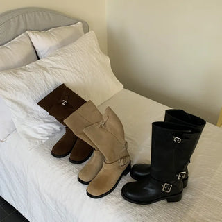 natural cowhide suede buckle fold mid-length boots