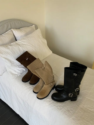 natural cowhide suede buckle fold mid-length boots