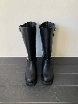 natural cowhide suede buckle fold mid-length boots