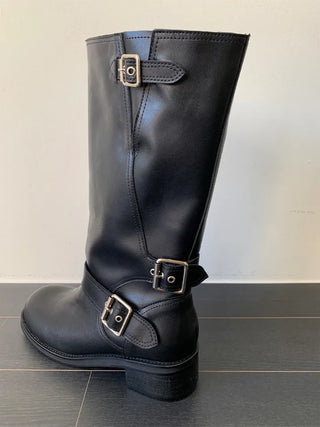 natural cowhide suede buckle fold mid-length boots