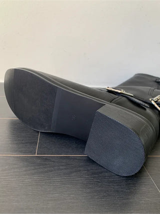 natural cowhide suede buckle fold mid-length boots