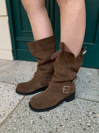 natural cowhide suede buckle fold mid-length boots