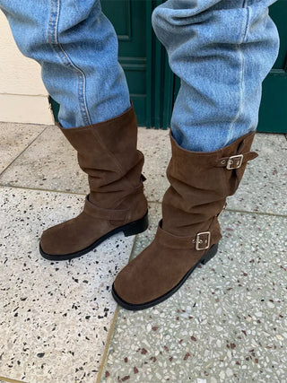 natural cowhide suede buckle fold mid-length boots