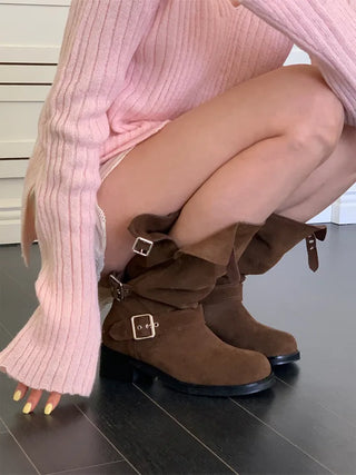 natural cowhide suede buckle fold mid-length boots