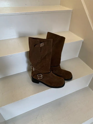 natural cowhide suede buckle fold mid-length boots