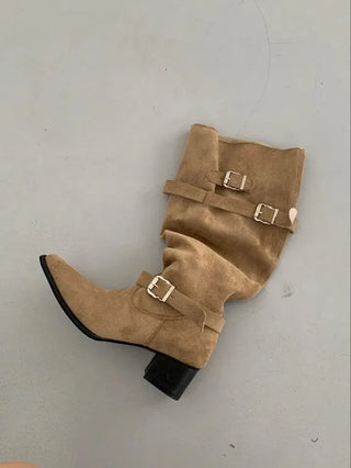 Slouchy suede biker belt strap mid-calf boots