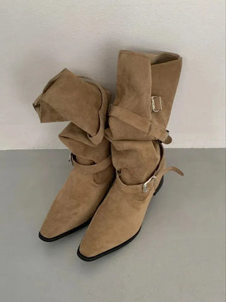 Slouchy suede biker belt strap mid-calf boots