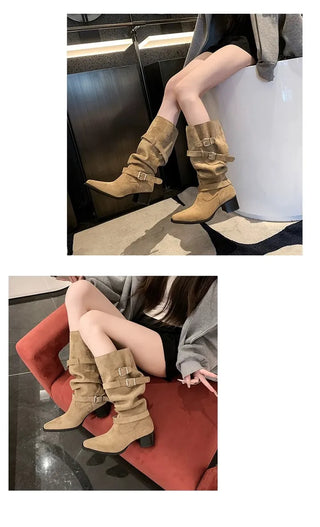 Slouchy suede biker belt strap mid-calf boots