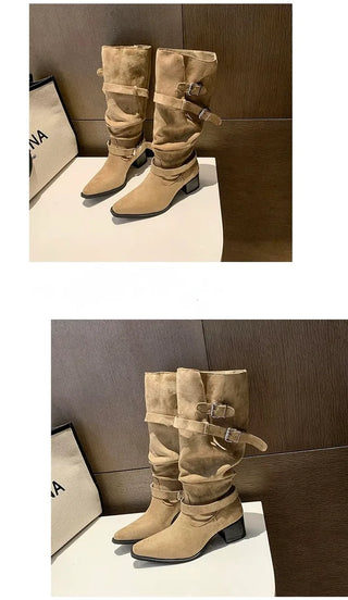 Slouchy suede biker belt strap mid-calf boots