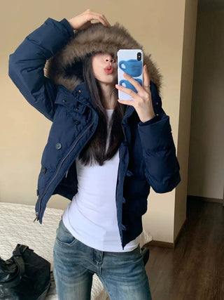 Added fleece lining🐏  hooded fur button wellon cotton short padding