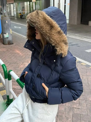 Added fleece lining🐏  hooded fur button wellon cotton short padding