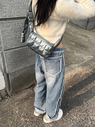 Unbalanced overlock stitch light blue wide denim pants