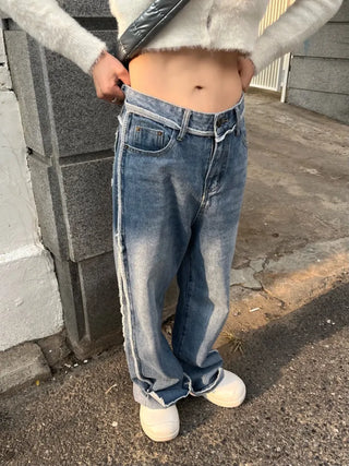 Unbalanced overlock stitch light blue wide denim pants