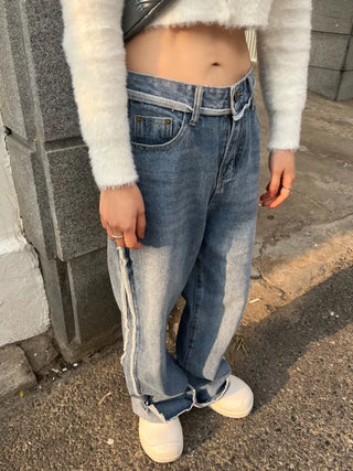 Unbalanced overlock stitch light blue wide denim pants