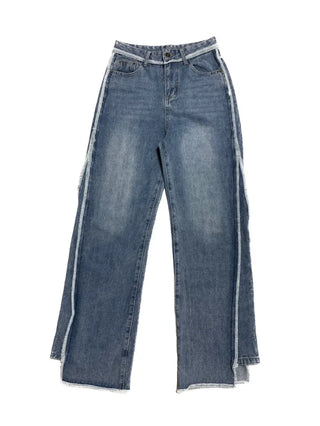 Unbalanced overlock stitch light blue wide denim pants