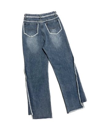 Unbalanced overlock stitch light blue wide denim pants