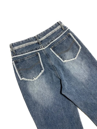Unbalanced overlock stitch light blue wide denim pants