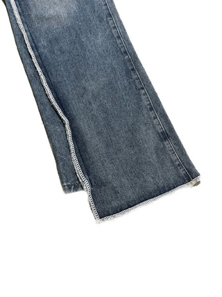 Unbalanced overlock stitch light blue wide denim pants