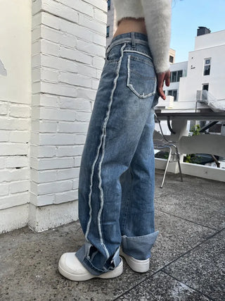Unbalanced overlock stitch light blue wide denim pants