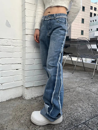 Unbalanced overlock stitch light blue wide denim pants