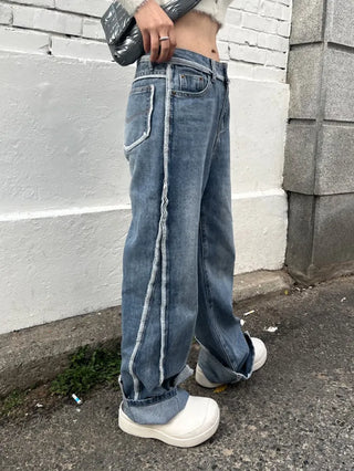 Unbalanced overlock stitch light blue wide denim pants