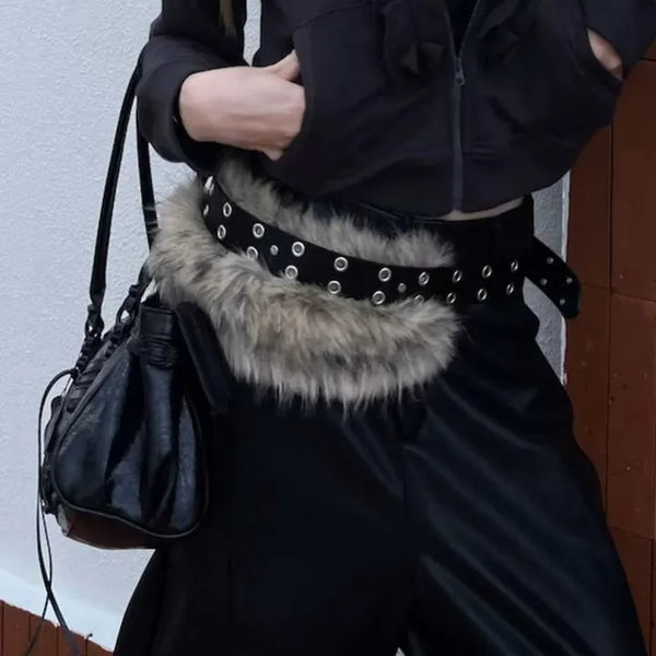 eyelet leather fur belt