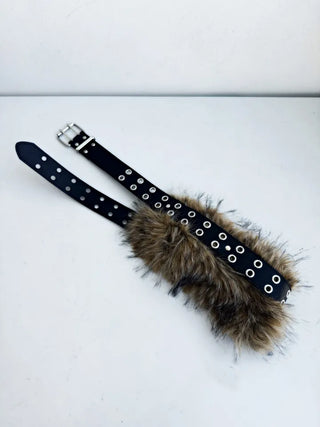 eyelet leather fur belt