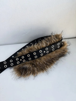 eyelet leather fur belt