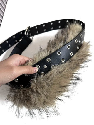 eyelet leather fur belt