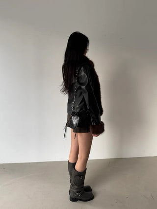 Fold shirring strap two-type leather long boots