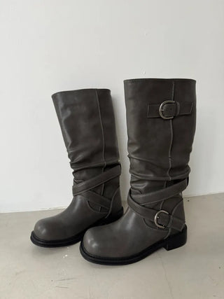 Fold shirring strap two-type leather long boots