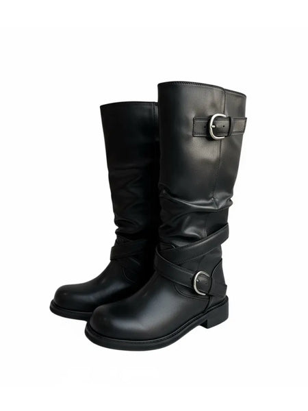 Fold shirring strap two-type leather long boots