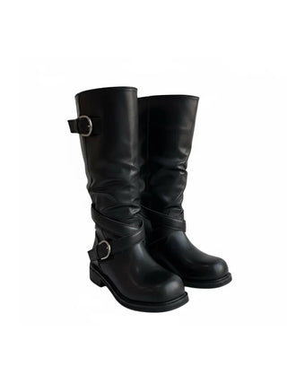 Fold shirring strap two-type leather long boots