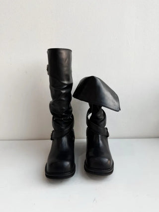 Fold shirring strap two-type leather long boots
